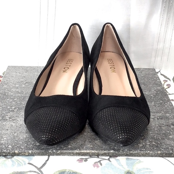 🪭 BESTON ‘Lily-2’ Black Faux Suede Embellished Point Toe Block Kitten Heel - Picture 4 of 10